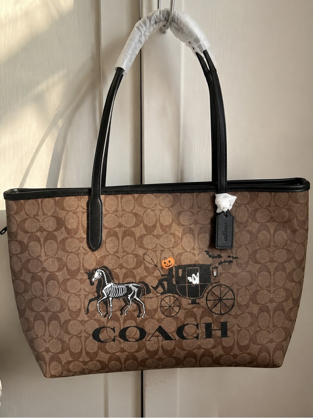 Coach Brown Signature Tote with Black Trim and Halloween Motif - Picture 2 of 4